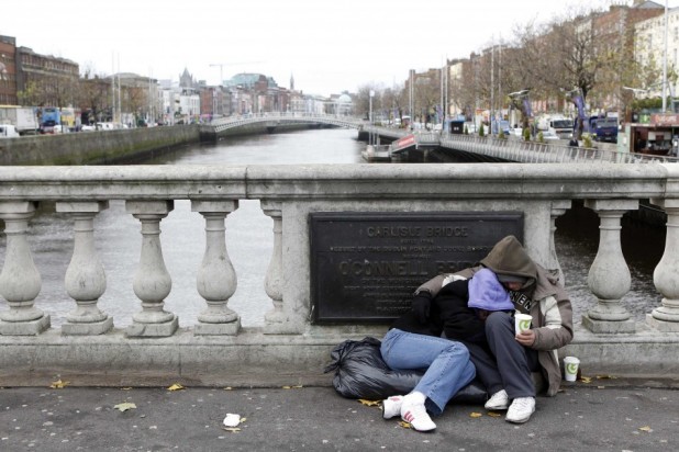 Unidentified homeless couple on O'Connell Bridge, Dublin